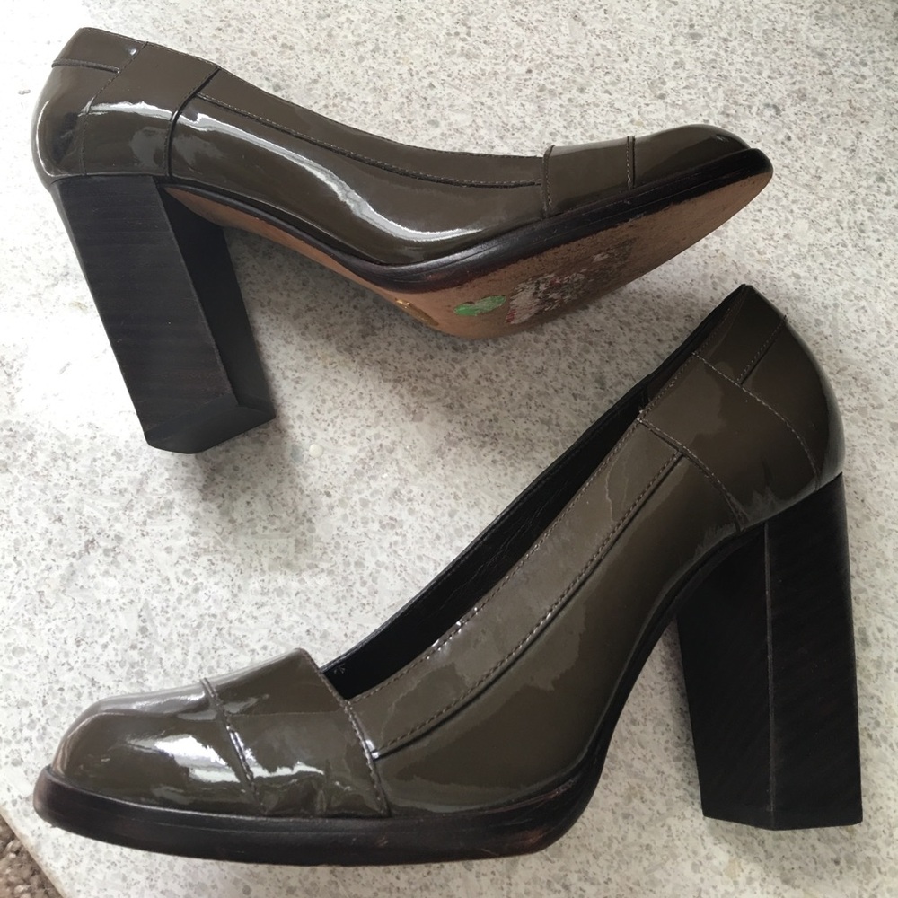 Cole Haan Olive Green Patent Block Heel Pumps